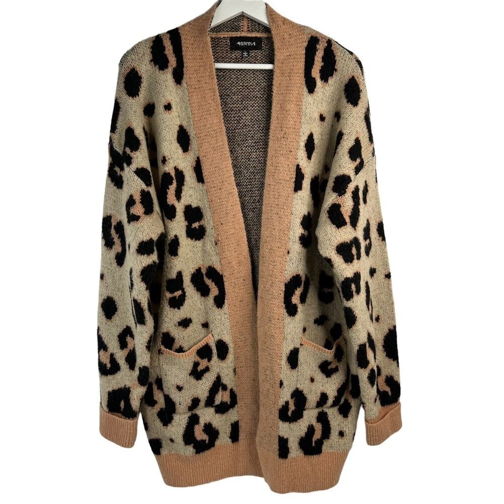 4Sienna Size L Cardigan Sweater Leopard Animal Print Open Front Knit Soft Casual